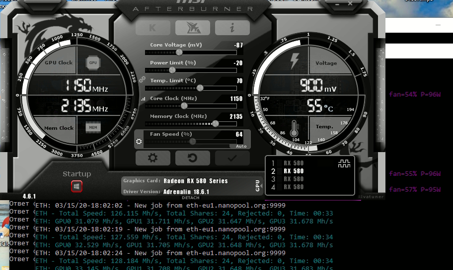 MSI Afterburner AMD RX 580 майнинг Ethereum